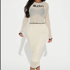 Fashion Nova Cream Pencil Midi Skirt with Black Trim